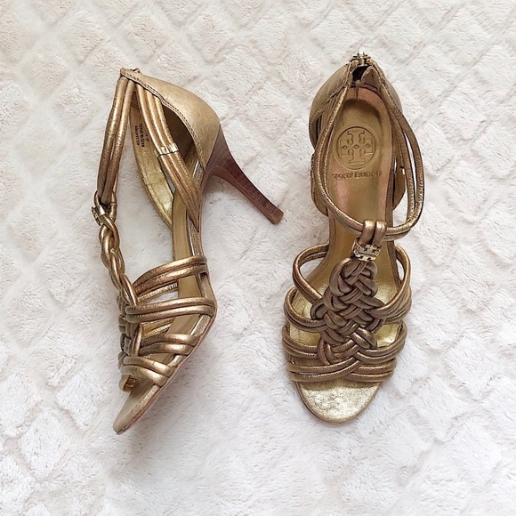 TORY BURCH Gold Braided Knot Heeled Sandals - Picture 2 of 8